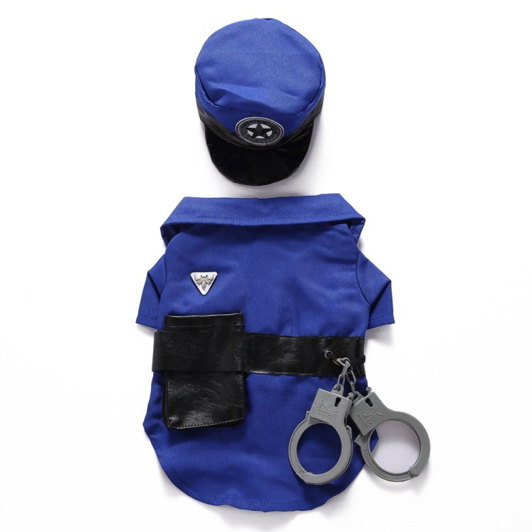 Flat lay of royal blue police dog costume shirt with black belt, handcuffs, and matching hat on a white background