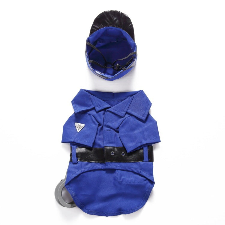 Flat lay of police costume shirt with black belt and toy handcuffs, and police hat with adjustable strap on white background