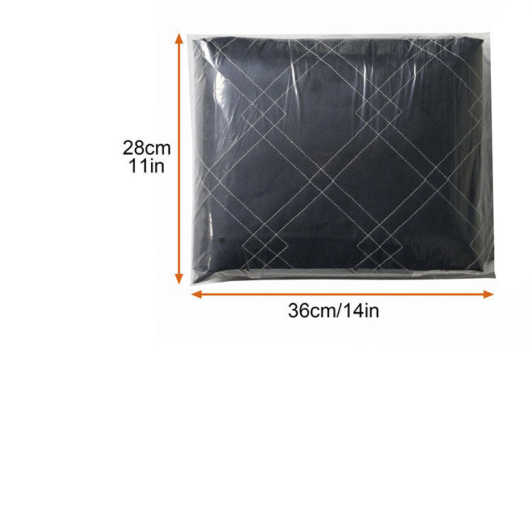 Dog mat folded and packaged in clear plastic bag with size measurements