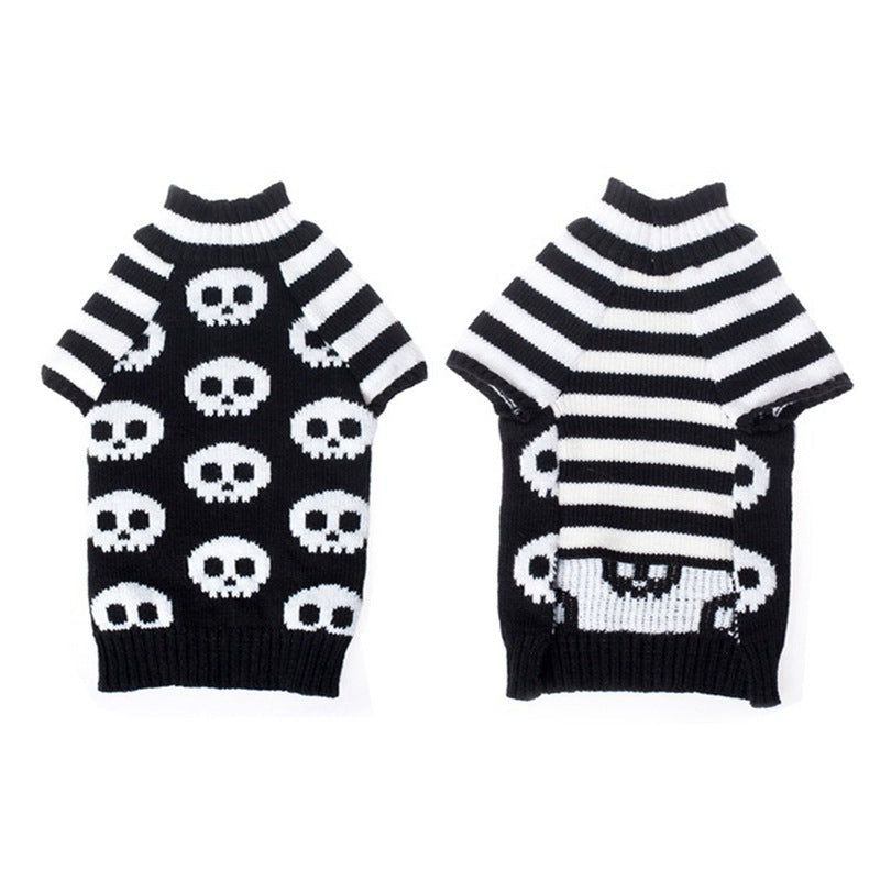 Front and back views of skull pattern dog sweater with striped sleeves laid flat