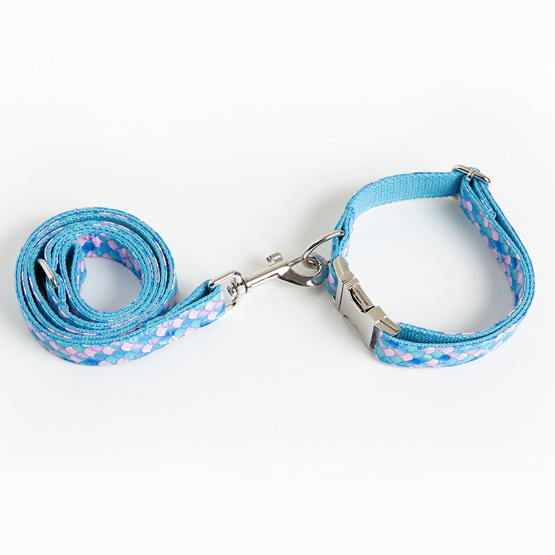 Mermaid scale patterned dog collar and leash set side view on light background