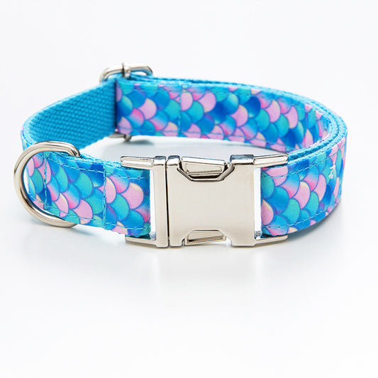 Blue and pink mermaid scale patterned dog collar with metal buckle and D-ring
