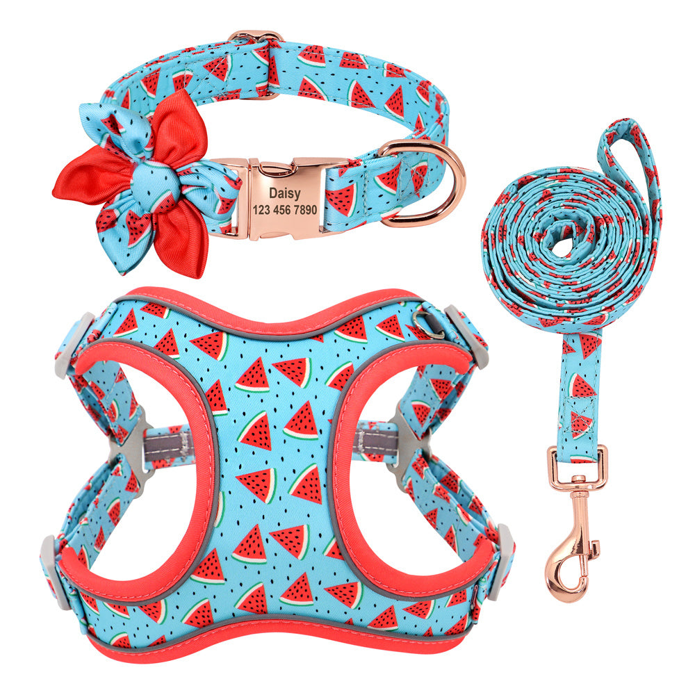 Blue watermelon print small dog harness, leash, and collar set with red flower decoration
