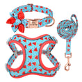 Load image into Gallery viewer, Blue pineapple and tropical fruit print small dog harness, leash, and collar set with flower decoration
