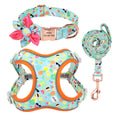 Load image into Gallery viewer, Pink strawberry patterned dog harness, leash, and collar set with flower decoration
