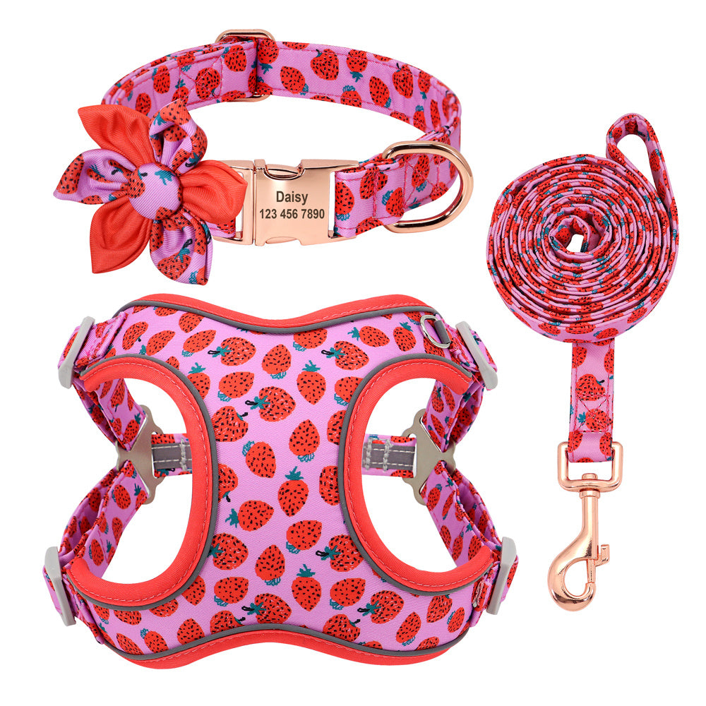 Yellow cherry print dog harness, leash, and collar set with flower decoration
