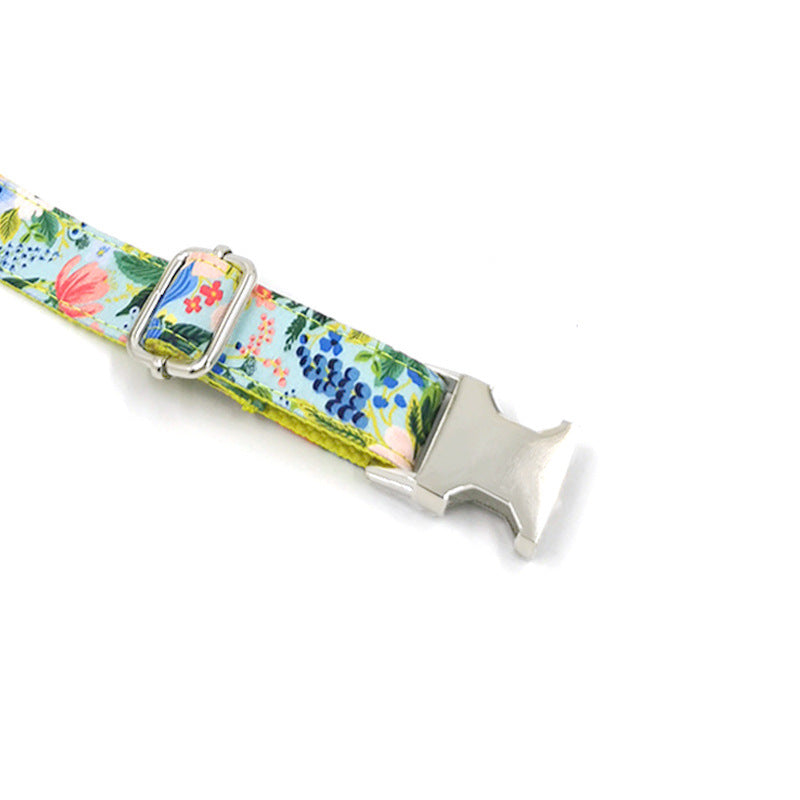 Close-up view of metal buckle and floral pattern on dog collar