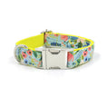 Load image into Gallery viewer, Floral dog collar bent showing metal buckle and D-ring on white background
