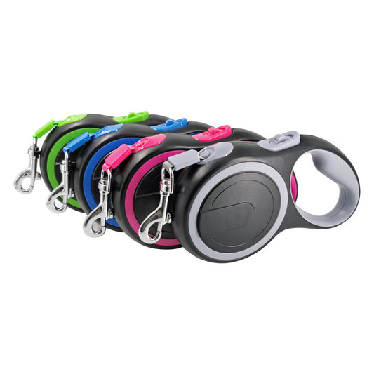 Four automatic retractable pet leashes lined up with green, blue, pink, and gray accents