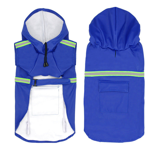 Blue waterproof reflective dog raincoat with hood and rear pocket, front and back views