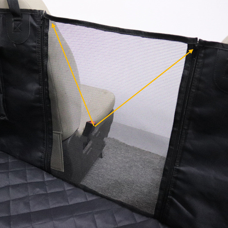 Close-up of breathable nylon mesh isolation net dividing front and rear car seats