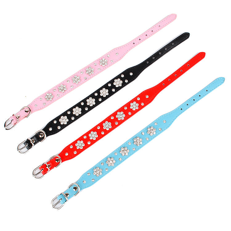 Blue dog collar with floral rhinestone embellishments and metal buckle