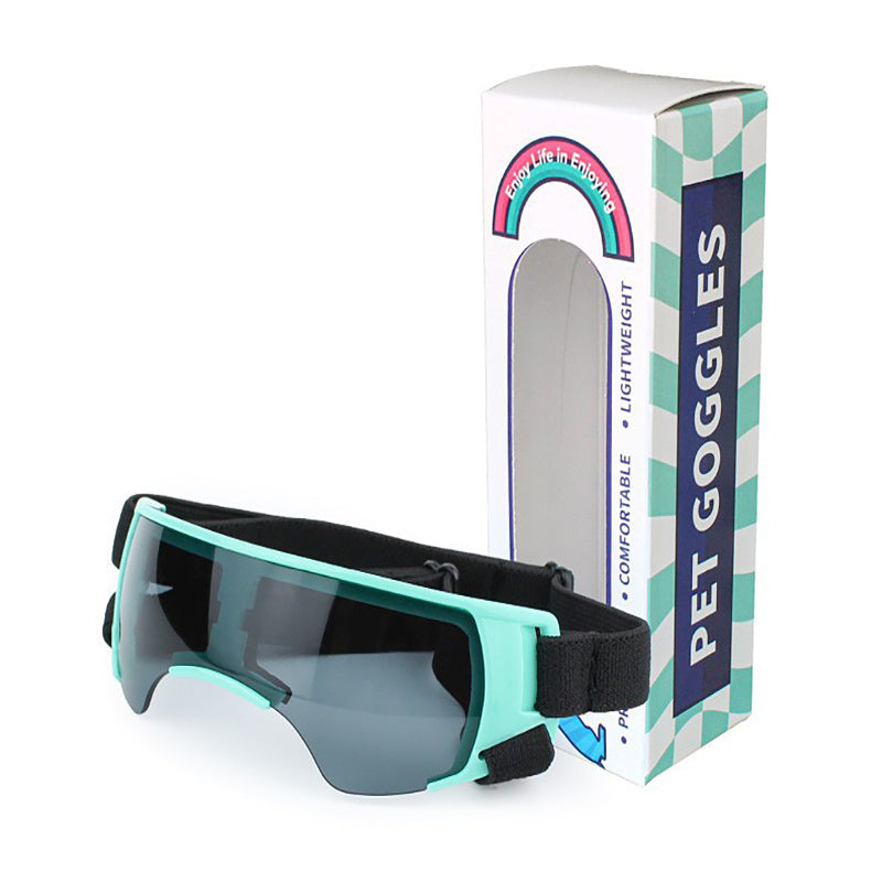 Teal dog goggles displayed next to colorful packaging box