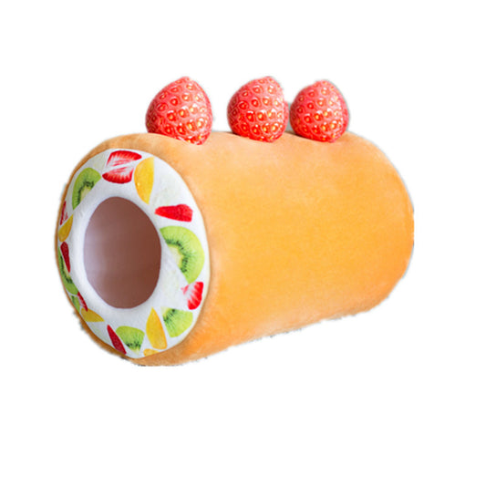 Orange cake roll cat tunnel with colorful fruit patterned openings and strawberry plush on top, isolated on white
