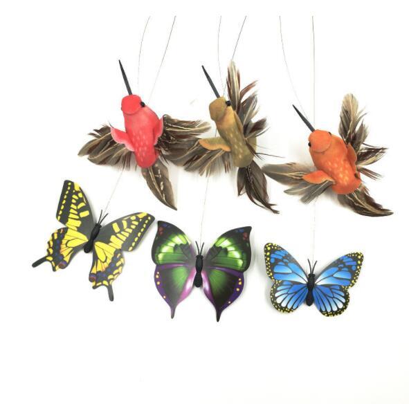 Colorful butterfly and feathered bird cat toys on flexible wires