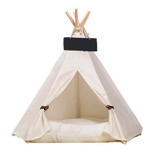 Wooden teepee pet kennel with canvas fabric and cushion