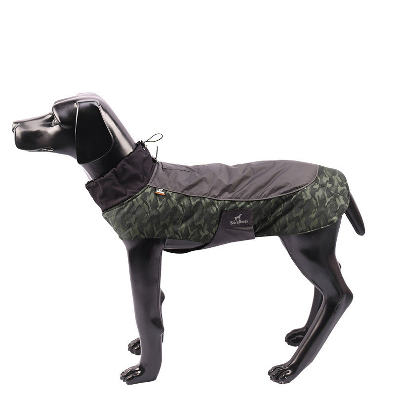Mannequin model displaying an olive green camo and gray waterproof dog jacket side view
