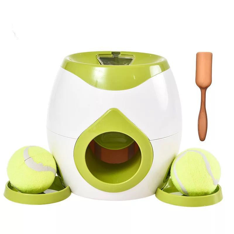 Green and white version of the feeder with tennis balls and a brown scoop