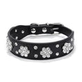 Load image into Gallery viewer, Close view of black rhinestone dog collar with flower embellishments
