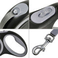 Cargar la imagen en la vista de la galería, Close-up collage of leash details showing nylon rope attachment, locking button, handle grip, and metal clasp
