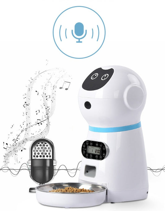 Automatic pet feeder with voice recording function and digital control panel with microphone icon