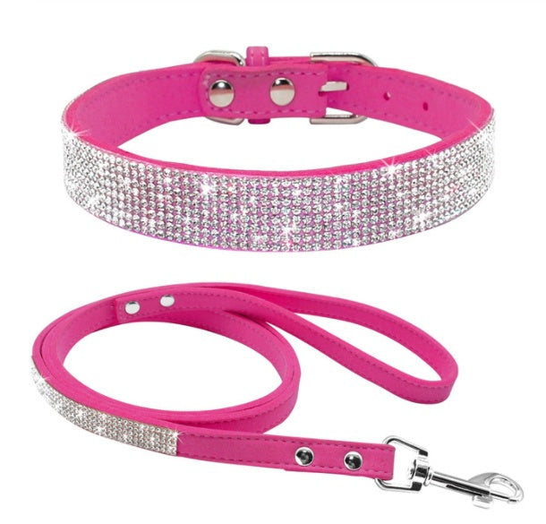 Rose pink crystal-embellished dog collar and matching leash set on white background
