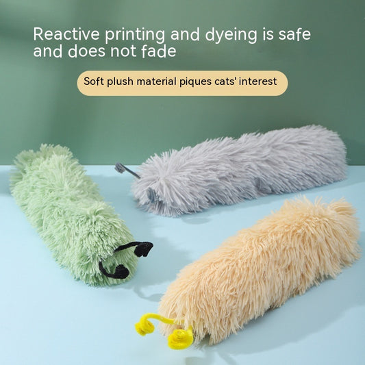 Set of three caterpillar plush cat toys in green, gray, and beige colors displayed on blue background