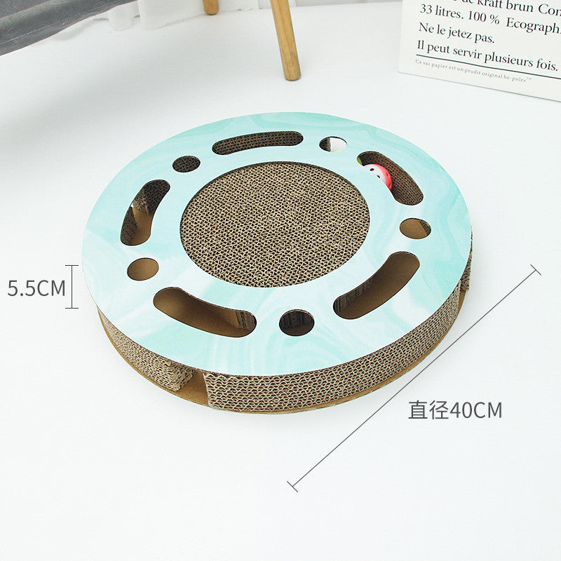 Round cat scratcher with holes and a ball inside, shown with dimensions diameter 40cm and height 5.5cm