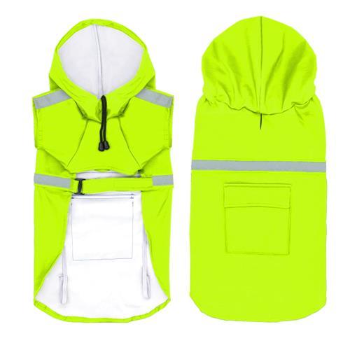 Neon green waterproof reflective dog raincoat with hood and rear pocket shown front and back
