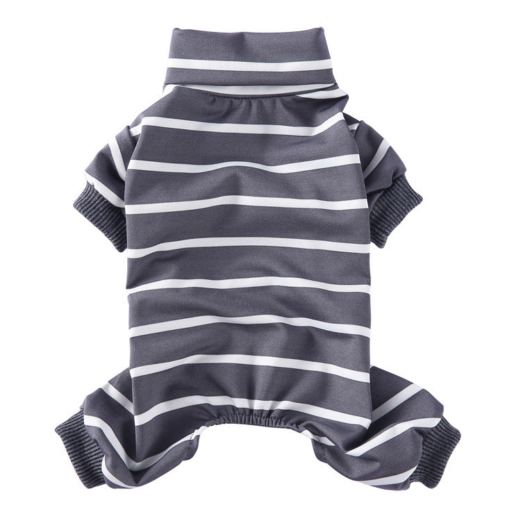 Flat lay of multicolored pastel striped high collar dog pajamas with ribbed cuffs
