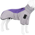 Load image into Gallery viewer, Mannequin dog model dressed in gray and purple warm dog coat with attached leash ring and leg sleeves
