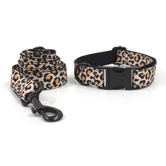 Leopard print dog collar and matching leash set displayed together