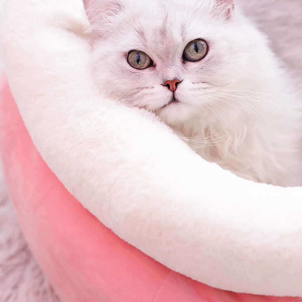 Close-up of white fluffy cat resting in pink cozy fleece-lined cat bed
