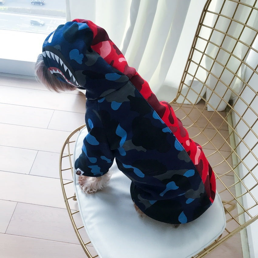 Rear view of a dog in a blue and red camouflage color block hoodie sitting on a gold wire chair