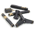 Cargar la imagen en la vista de la galería, Complete dark gray velvet pet collar set including collar, leash, harness, bow tie, and pouch with gold hardware
