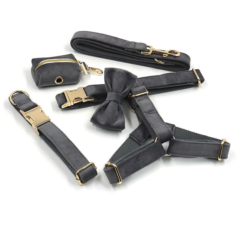 Complete dark gray velvet pet collar set including collar, leash, harness, bow tie, and pouch with gold hardware