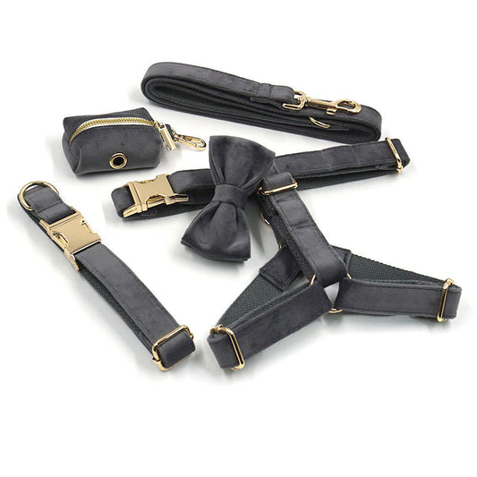 Complete dark gray velvet pet collar set including collar, leash, harness, bow tie, and pouch with gold hardware