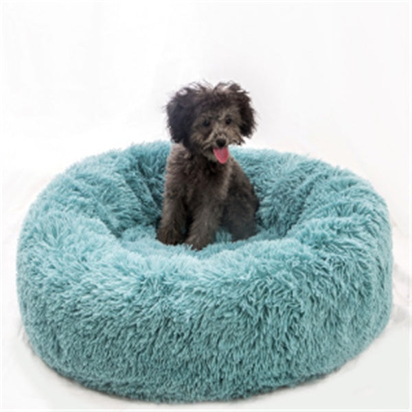 Small gray dog sitting happily inside round blue plush pet nest bed