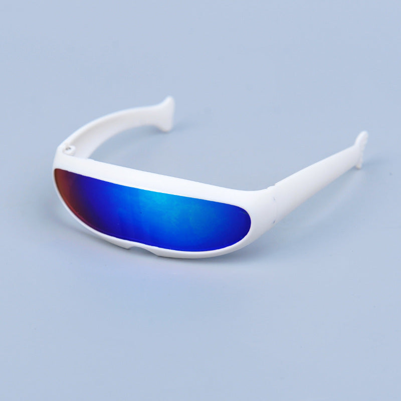 White-framed sunglasses with dark purple reflective lenses on blue background