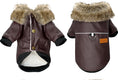Load image into Gallery viewer, Front and back views of brown PU leather dog jacket with faux fur collar and snap button closure for adjustable fit
