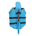 Cargar la imagen en la vista de la galería, Blue dog life jacket with black adjustable straps and dragon tail detail shown flat

