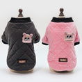 Load image into Gallery viewer, Charcoal gray and soft pink quilted dog jackets displayed on mannequins showing front and back views with black knit collars
