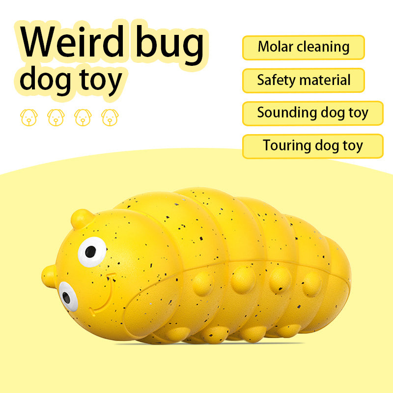 Close-up of textured yellow and green bug dog toy showing detailed speckled design  