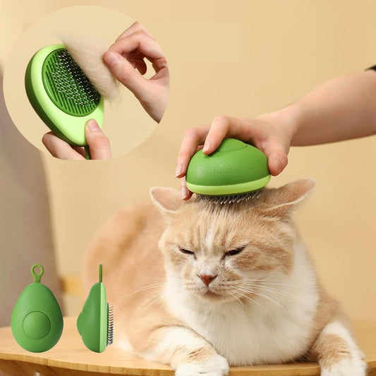 Green ergonomic self-cleaning pet grooming brush used to groom a beige and white cat gently