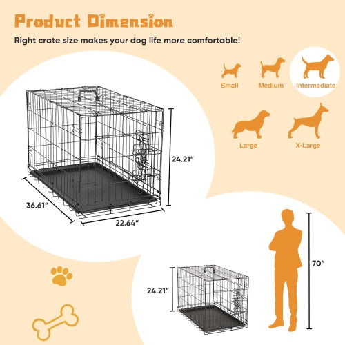 Diagram of dog crate with dimensions showing 36.61 by 22.64 by 24.21 inches