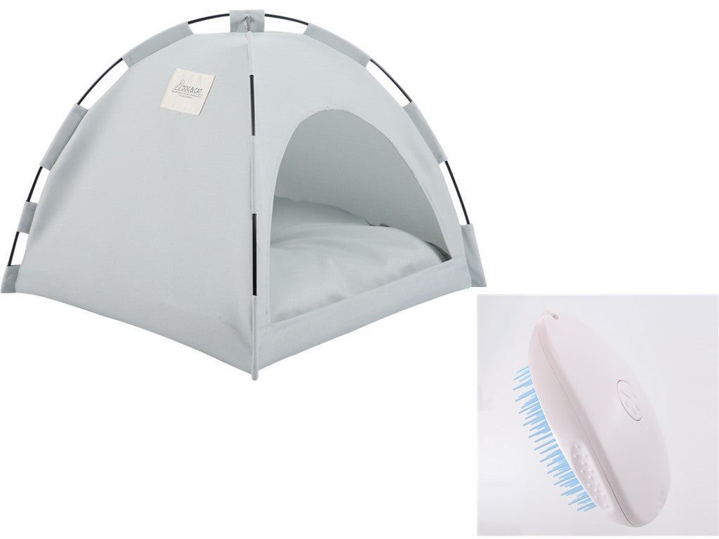 Light gray indoor pet tent bed angled side view with inset image of white and blue pet grooming brush