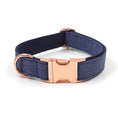 Load image into Gallery viewer, Adjustable deep denim dog collar featuring rose gold quick-release buckle and D-ring
