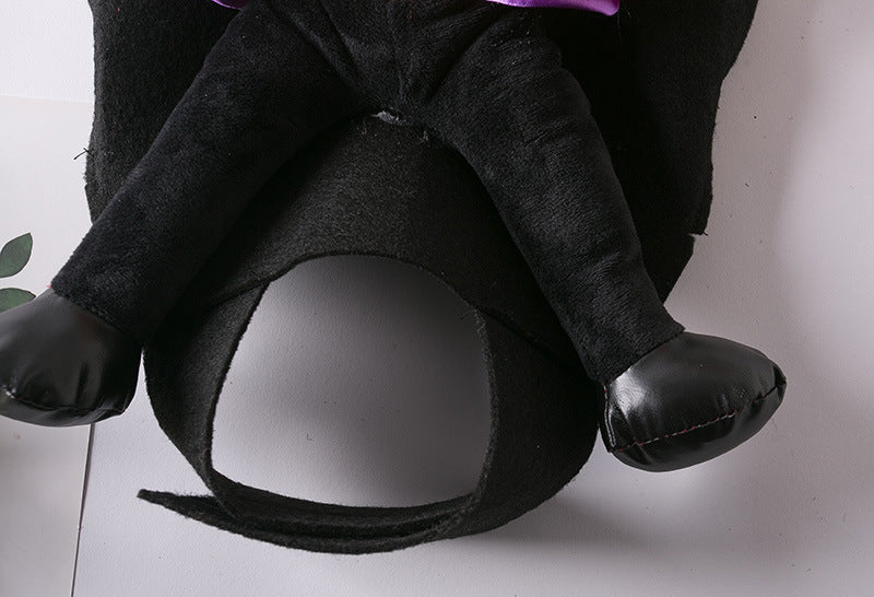 Close-up view of bottom opening and black strap of the headless man dog costume showing plush fabric and faux leather boots