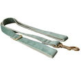Load image into Gallery viewer, Full length of the mint green velvet dog leash with gold hook on white background
