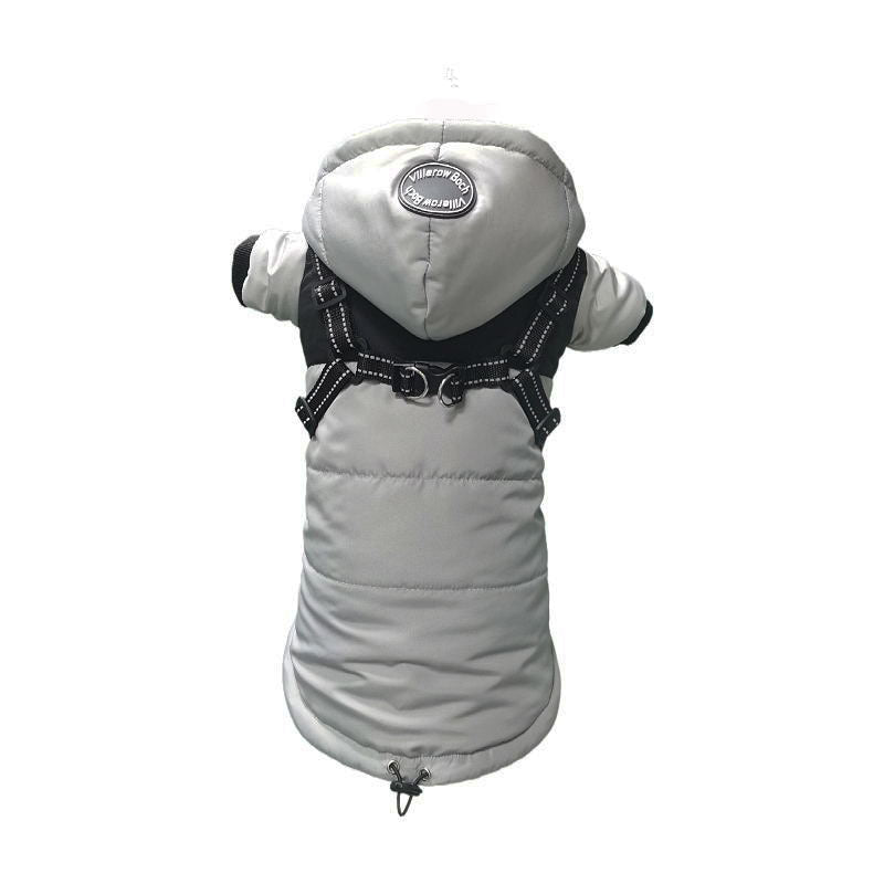 Gray insulated dog jacket with hood and built-in black reflective harness displayed from back
